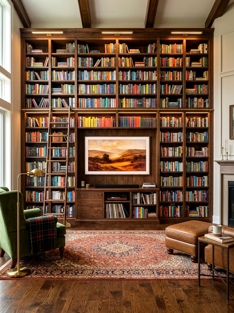 Media wall with library bookshelves - 30 media wall ideas