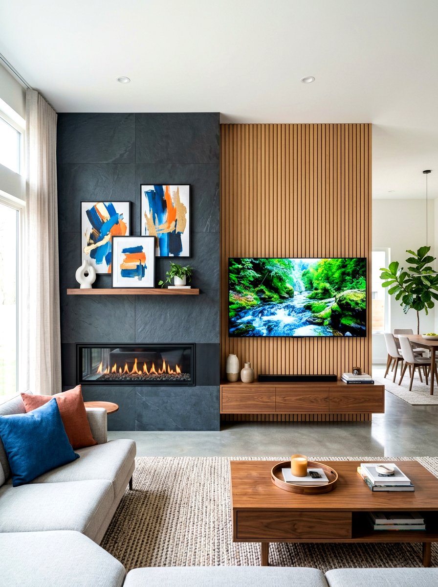 Media wall with offset fireplace - 30 media wall ideas