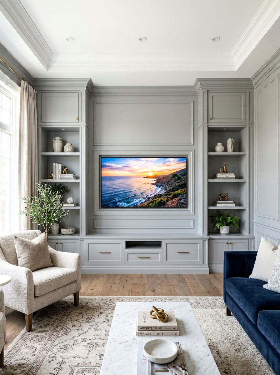 Media wall with picture frame molding - 30 media wall ideas