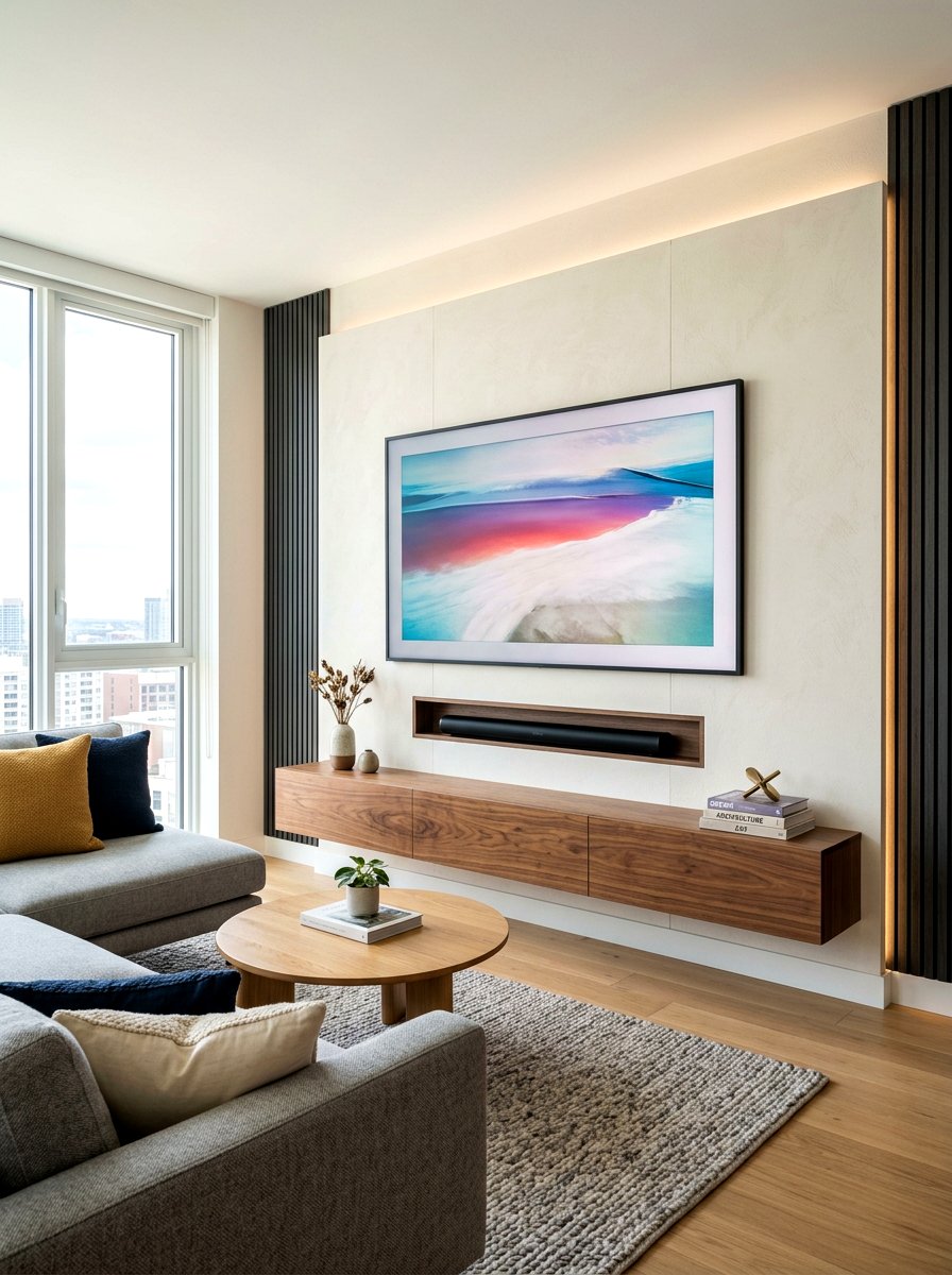 Media wall with soundbar shelf - 30 media wall ideas