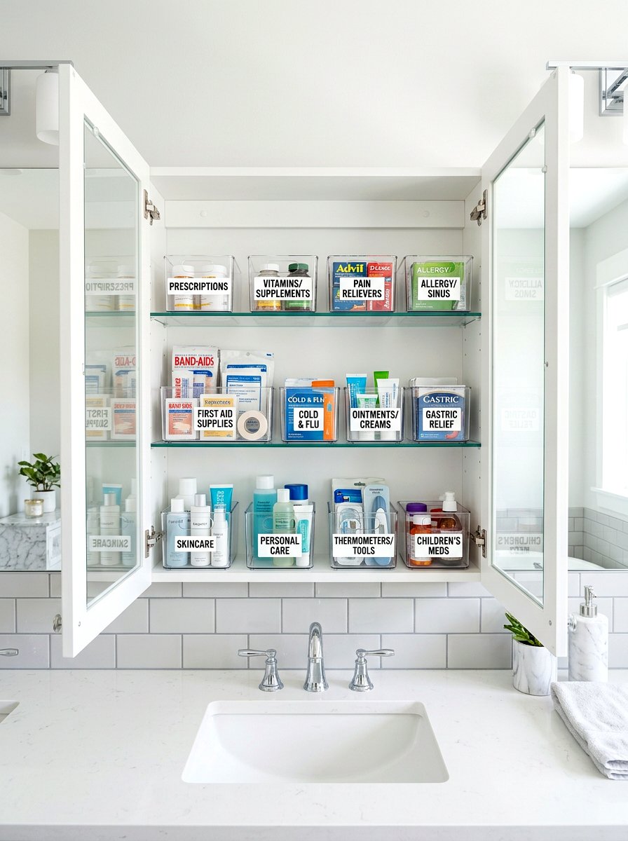 Medicine Cabinet First Aid - 30 clear bin organization ideas