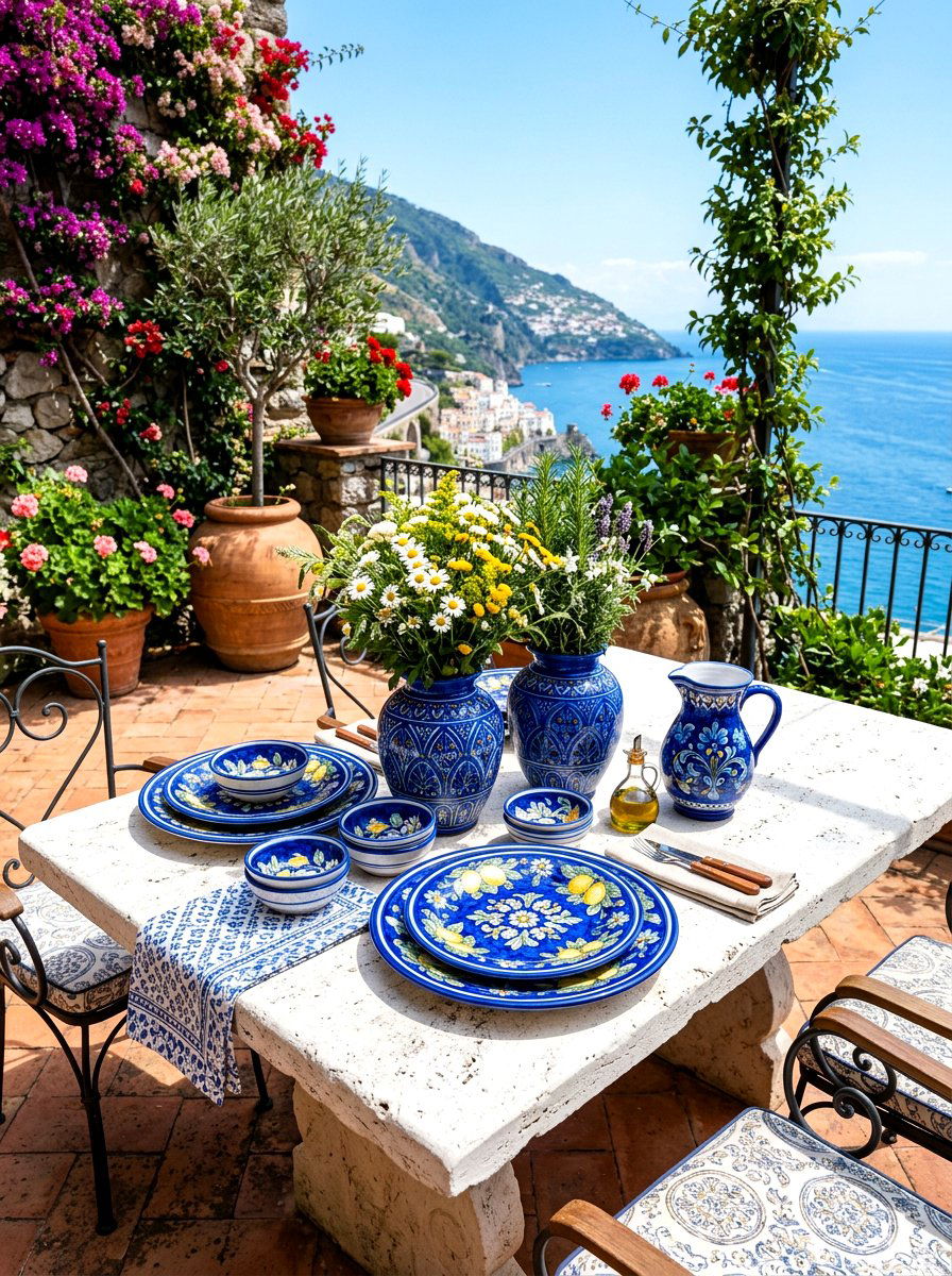 Mediterranean Blue Ceramic Decor - 30 Tuscan revival patio ideas