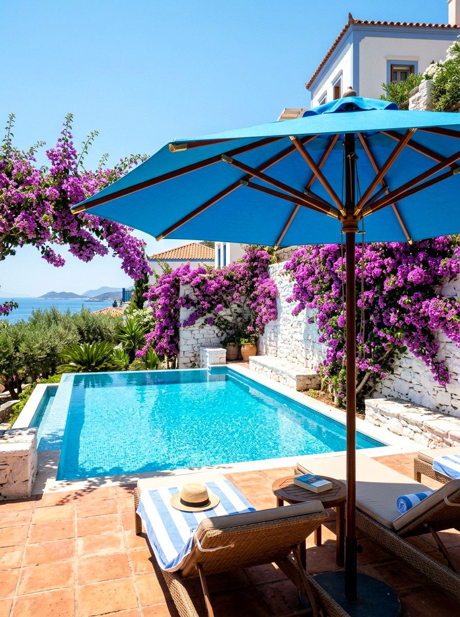 Mediterranean Blue Pool Umbrella - 30 poolside umbrella lounge ideas