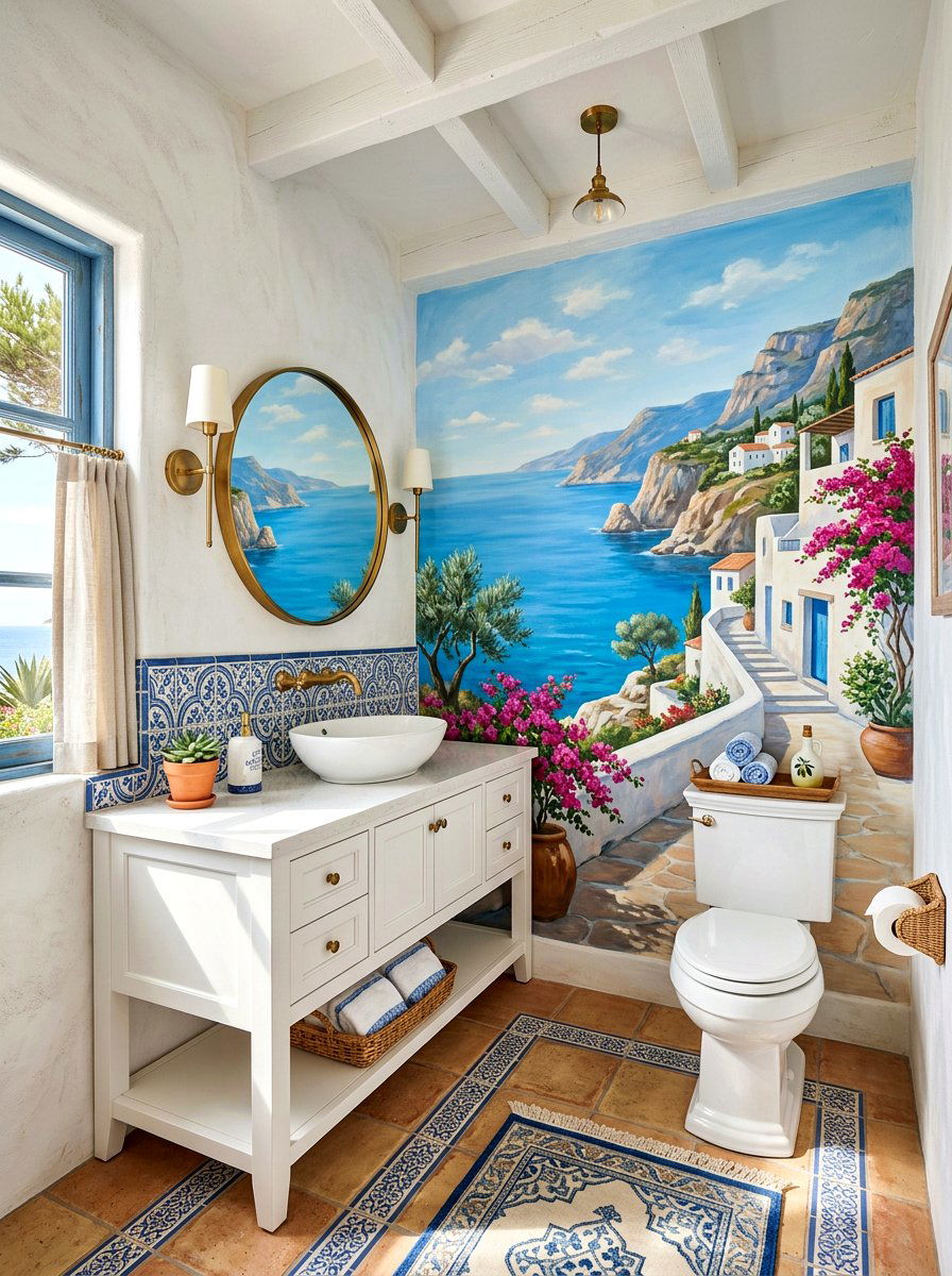 Mediterranean Coastal Mural - 30 landscape mural powder room ideas