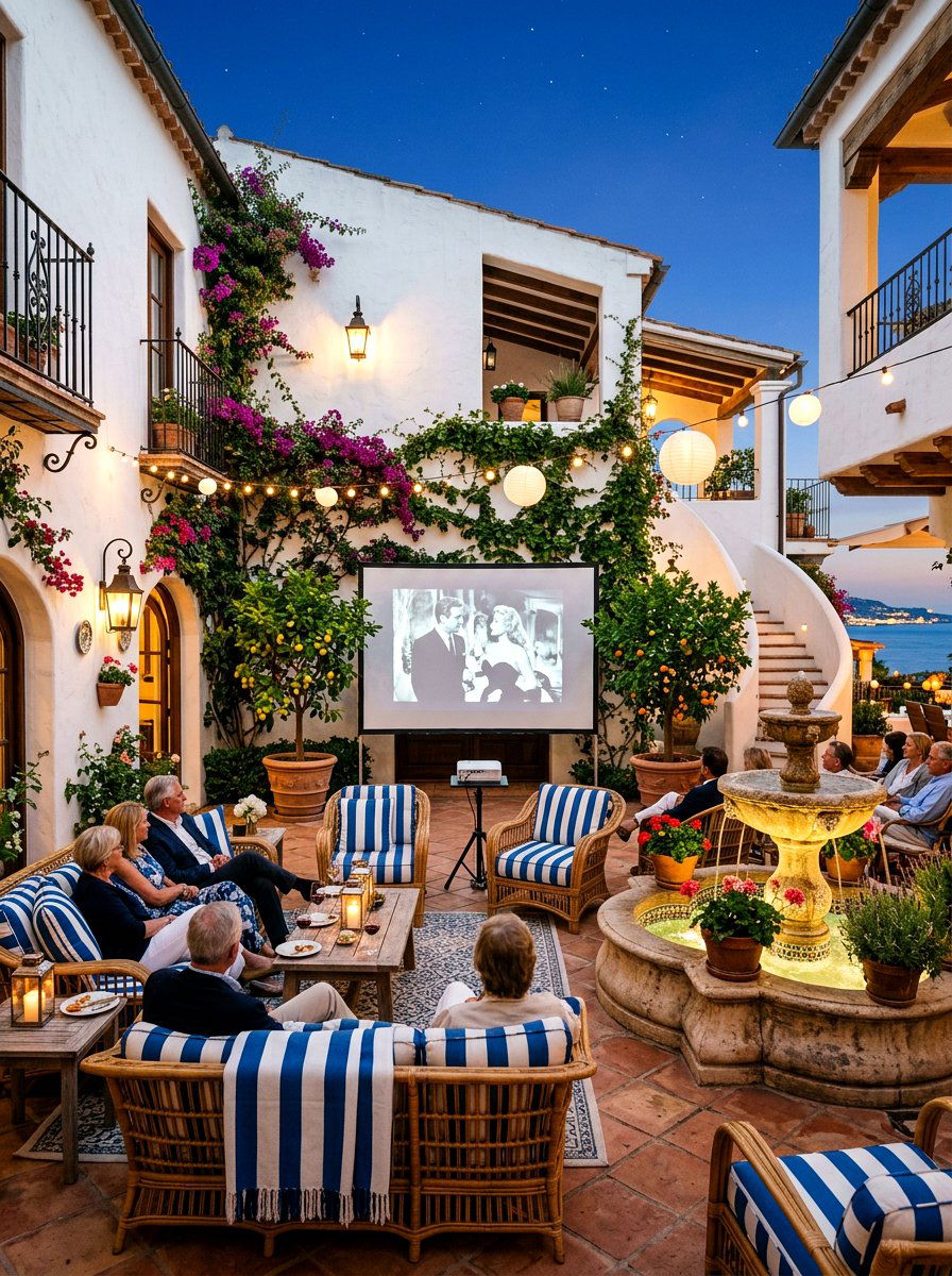 Mediterranean Courtyard Movie Space - 30 outdoor movie patio ideas
