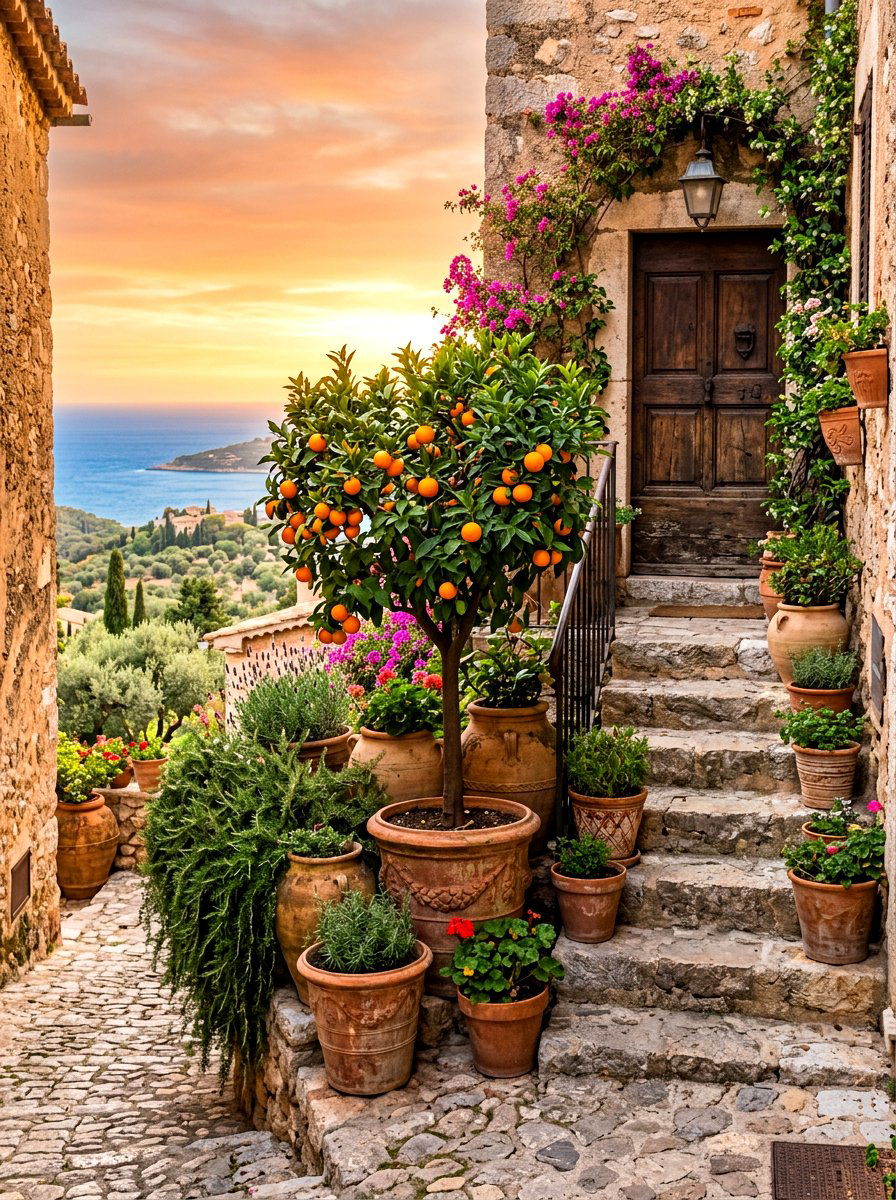 Mediterranean Entryway With Terracotta Pots - 30 potted citrus front entry ideas