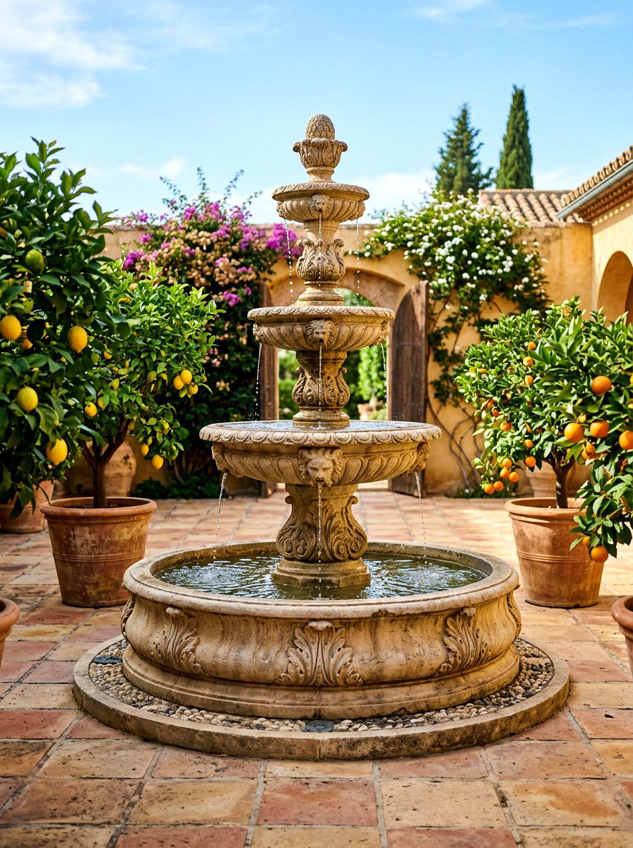 Mediterranean Fountain Feature - 30 Mediterranean garden ideas