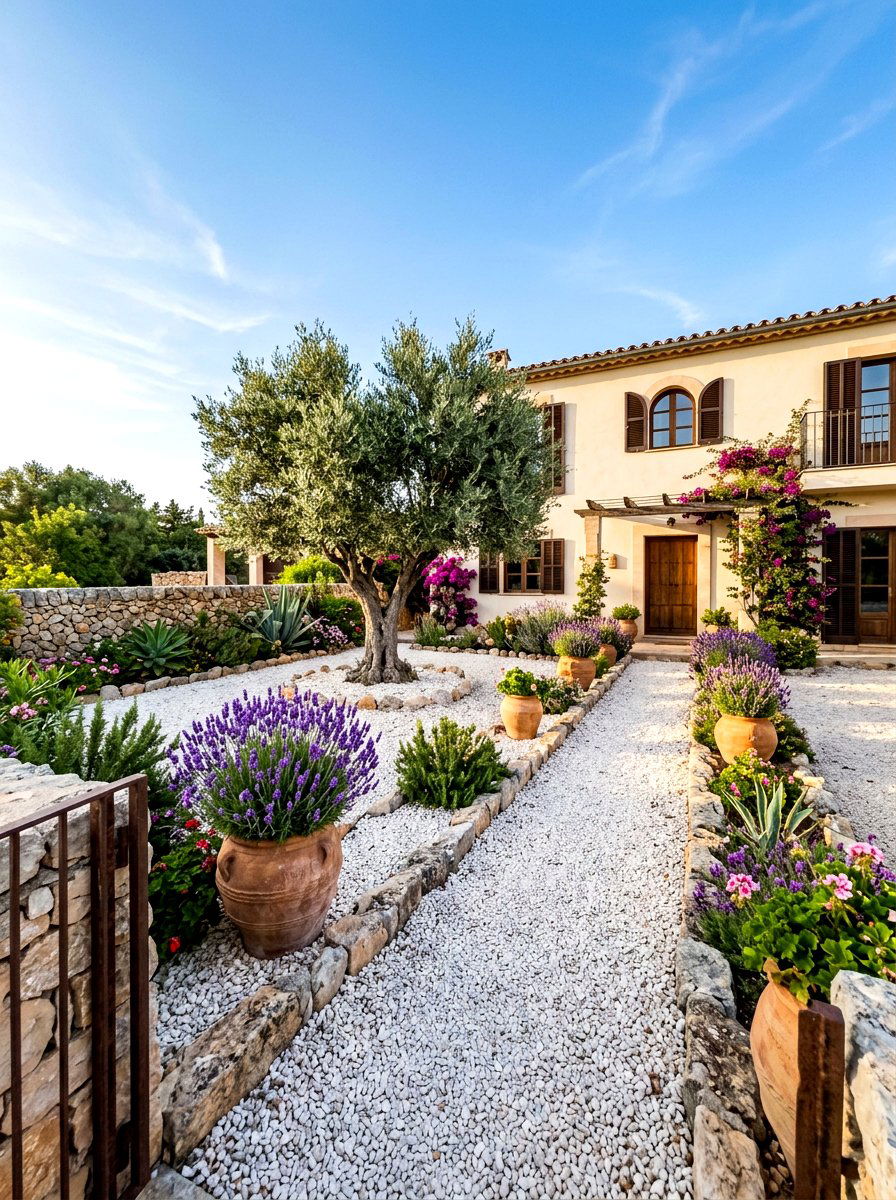 Mediterranean Garden - 30 white gravel front yard ideas