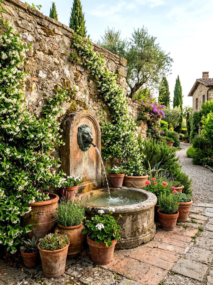 Mediterranean Garden Fountain - 30 Tuscan patio ideas