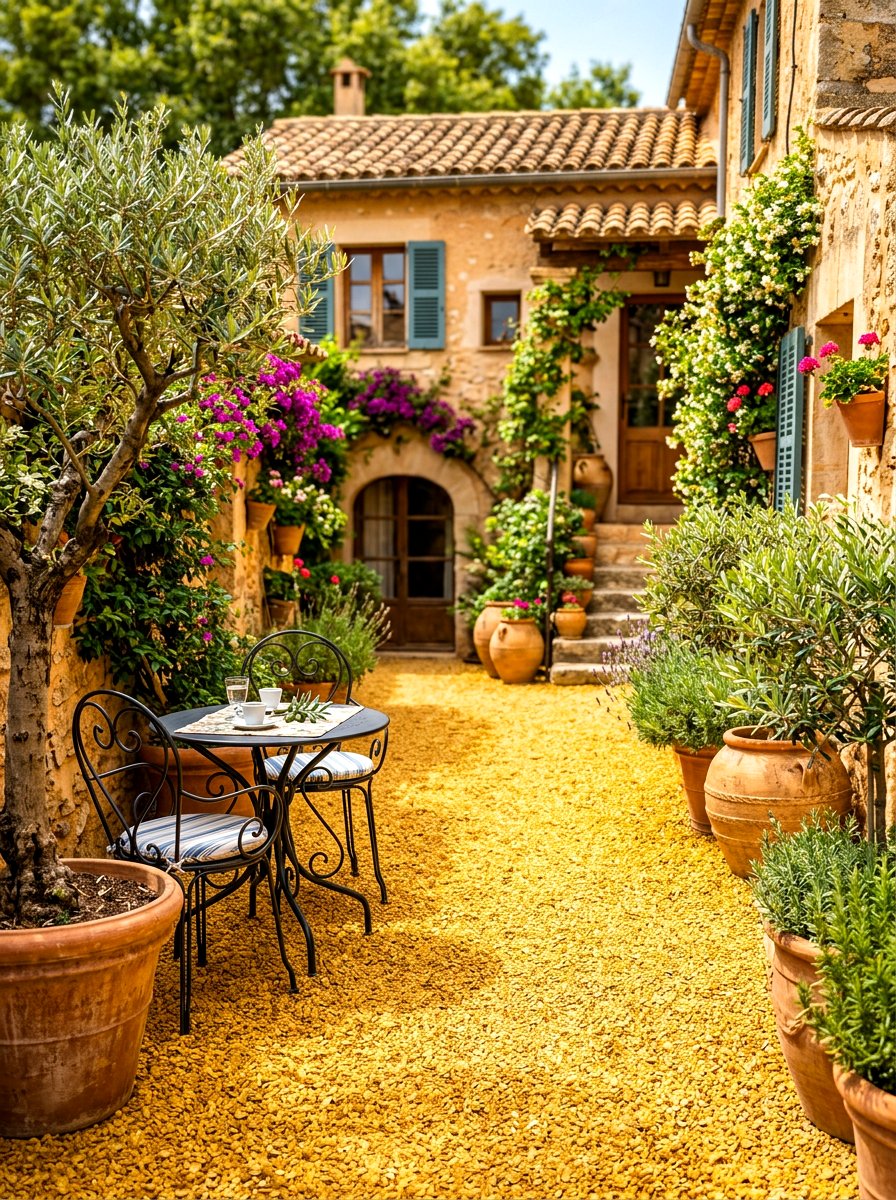 Mediterranean Golden Gravel Patio - 30 gravel front yard landscaping ideas