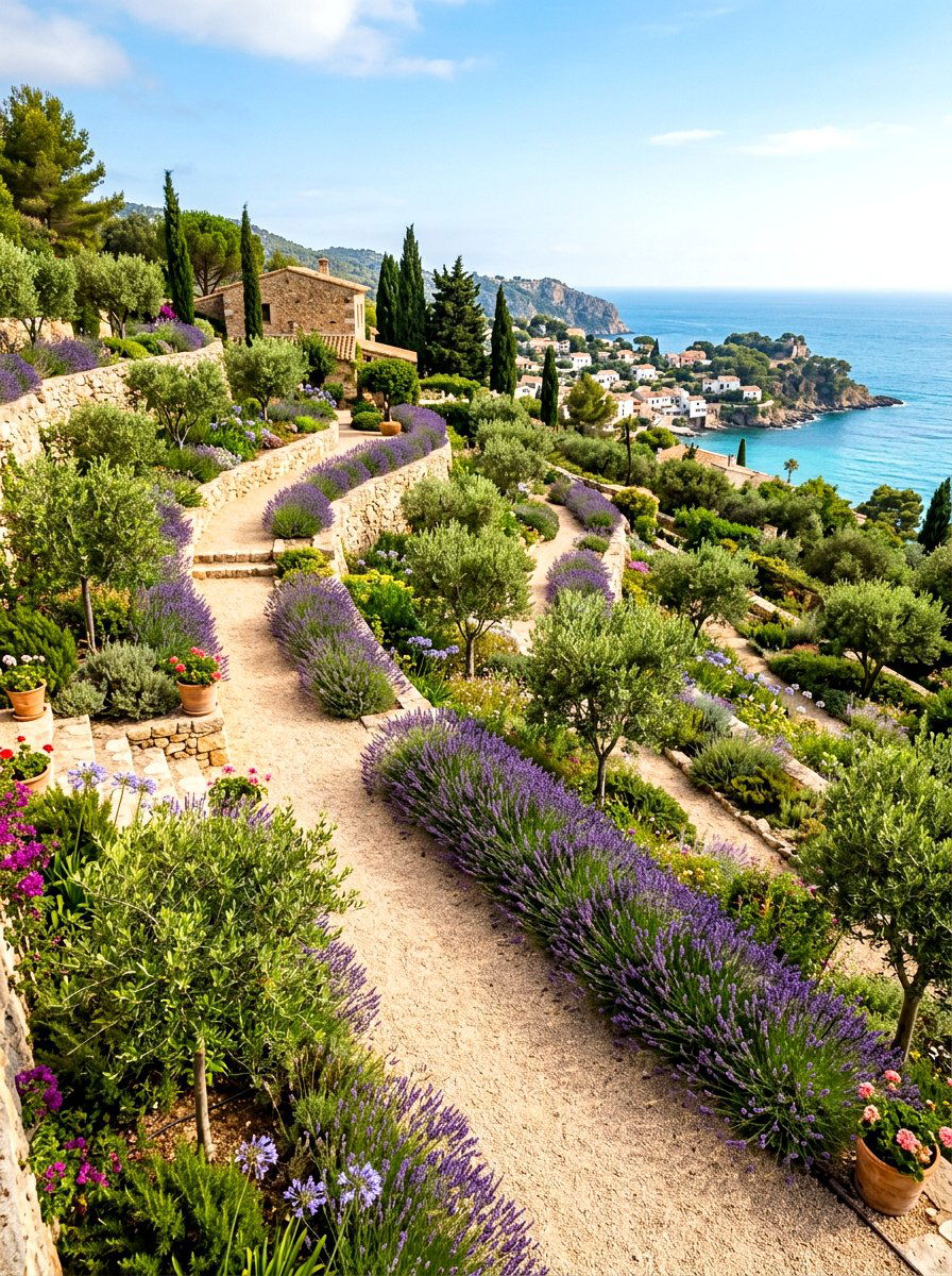 Mediterranean Gravel Terraced Garden - 30 slope garden ideas