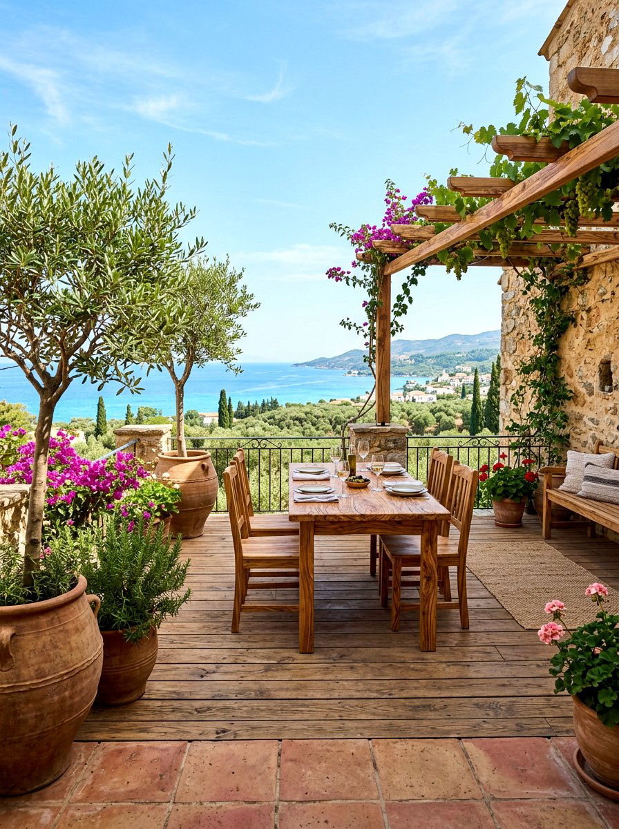 Mediterranean Olive Wood Terrace - 30 warm wood patio lounge ideas