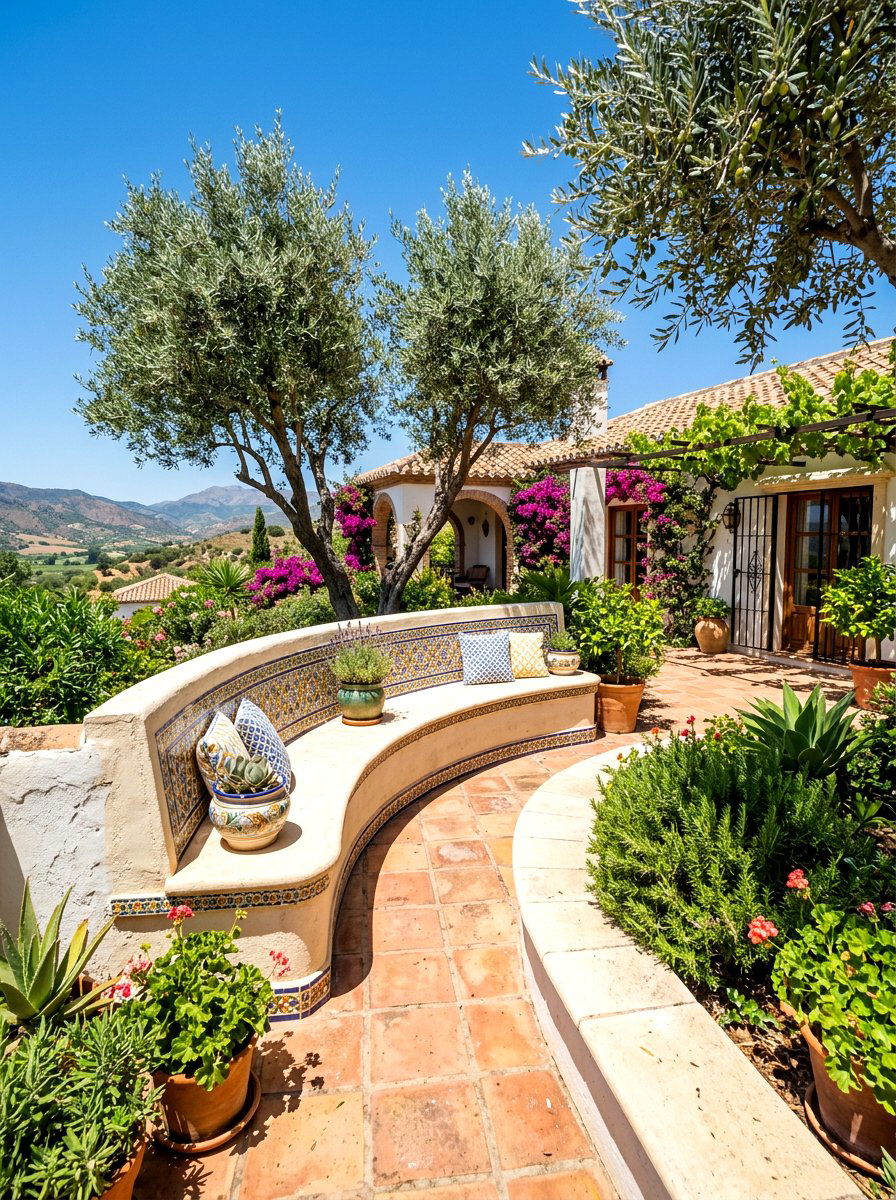 Mediterranean Patio With Curved Stone Bench - 30 curved bench garden ideas