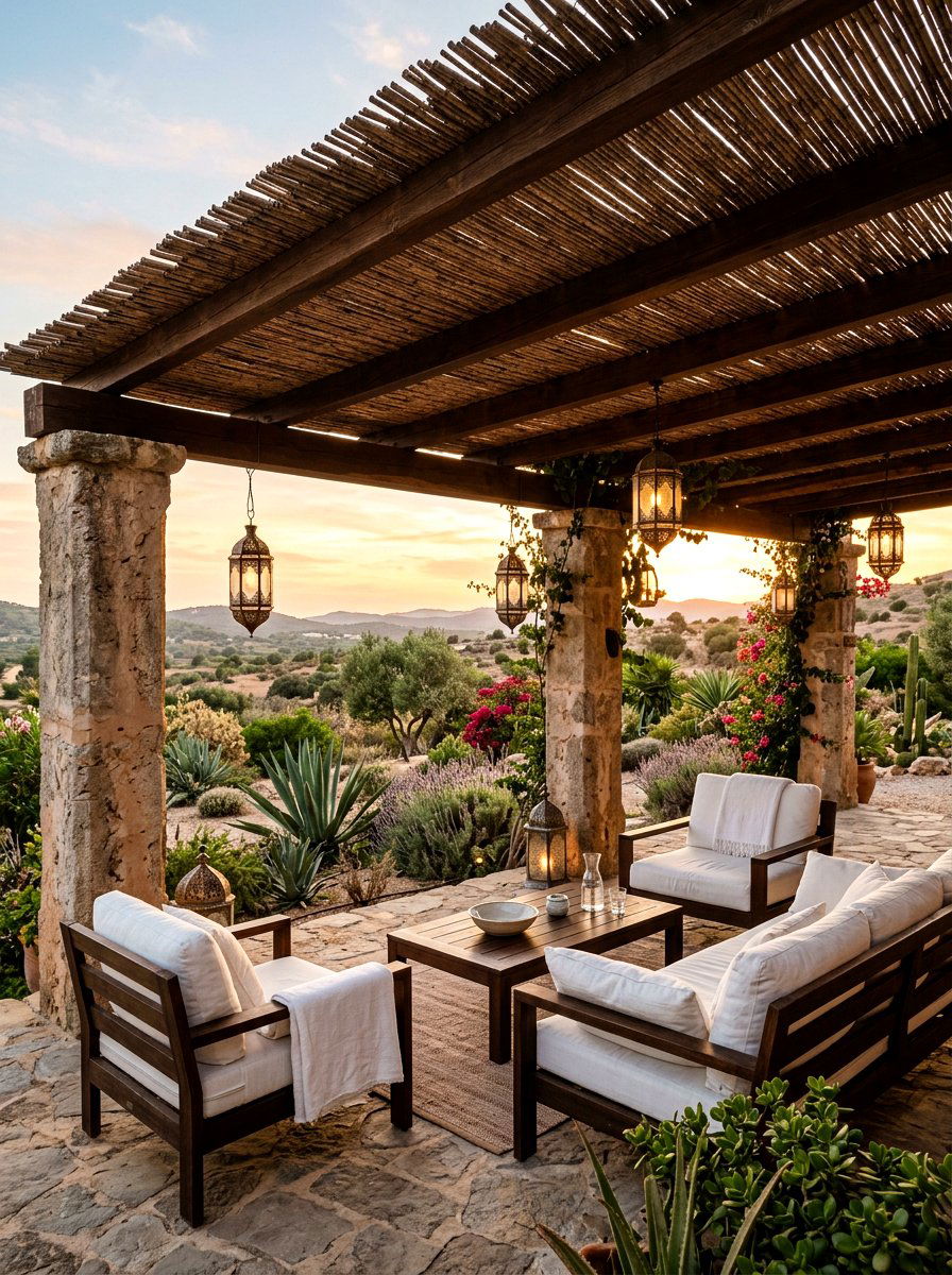 Mediterranean Pergola with Reed Thatch - 30 rainproof patio ideas