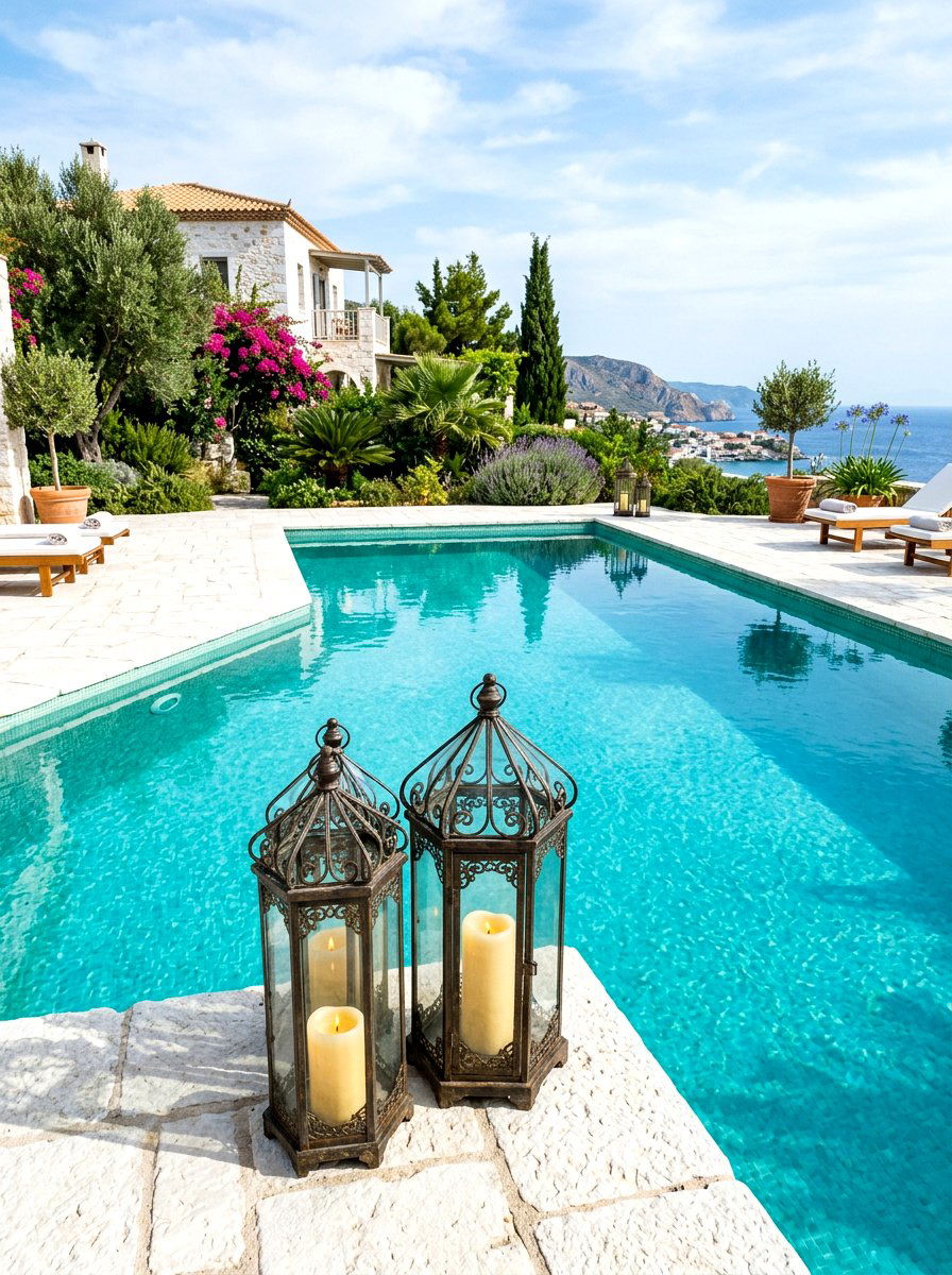 Mediterranean Pool Candle Lanterns - 30 pool lighting ideas
