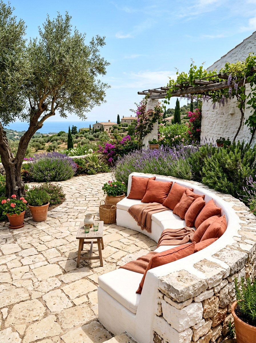 Mediterranean Stone Curved Seating - 30 curved patio sofa ideas