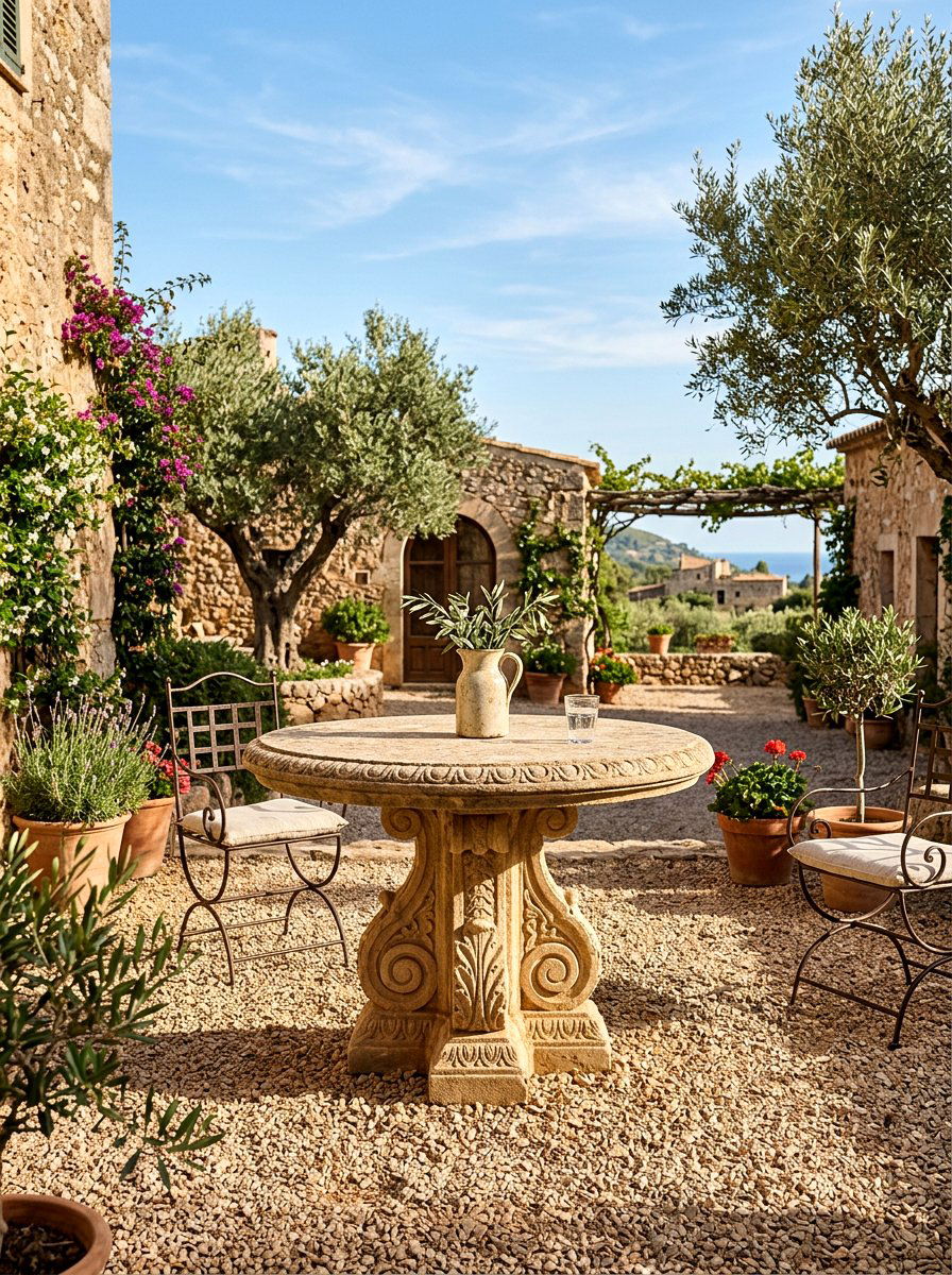 Mediterranean Stone Pedestal Table - 30 garden dinner table ideas