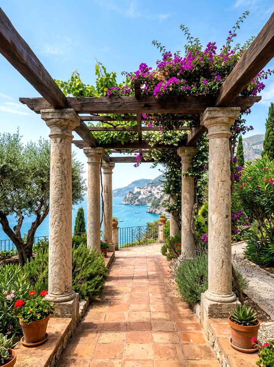 Mediterranean Stone Pillar Pergola - 30 backyard dining pergola ideas