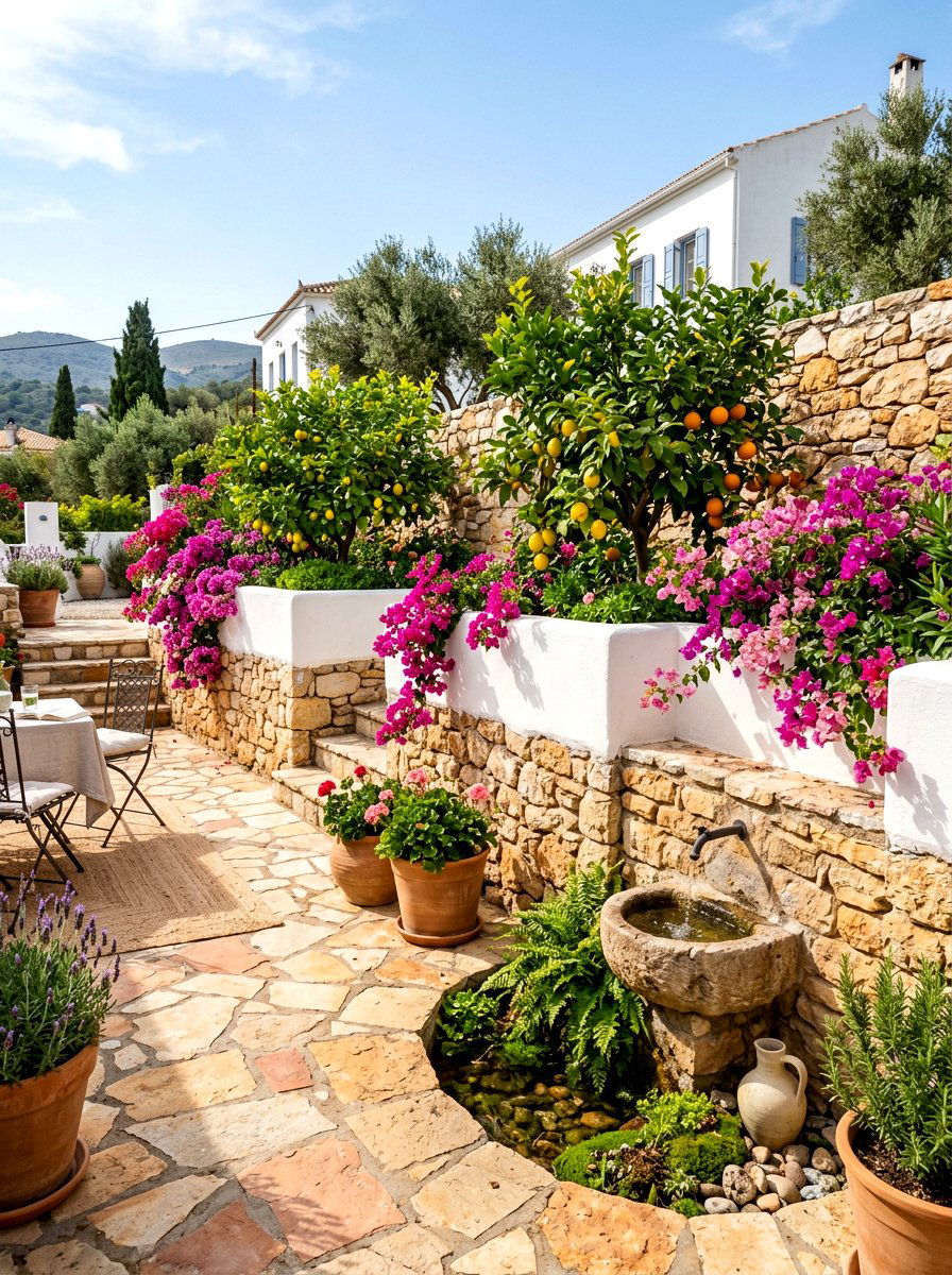 Mediterranean Stone Planter Wall - 30 limewashed wall backyard ideas