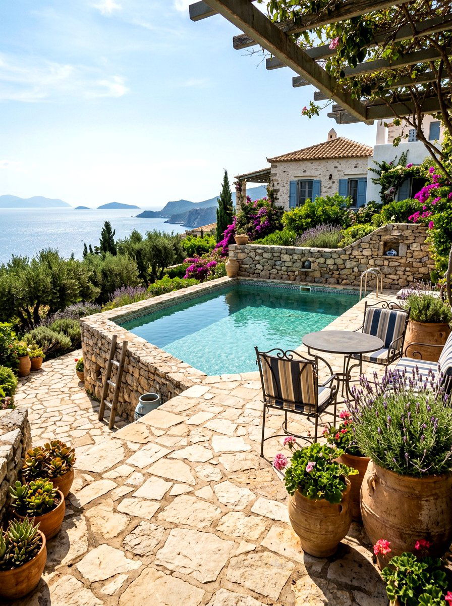Mediterranean Stone Pool Patio - 30 pool lounge patio ideas