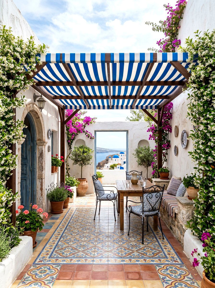 Mediterranean Striped Courtyard Retreat - 30 striped cabana backyard ideas