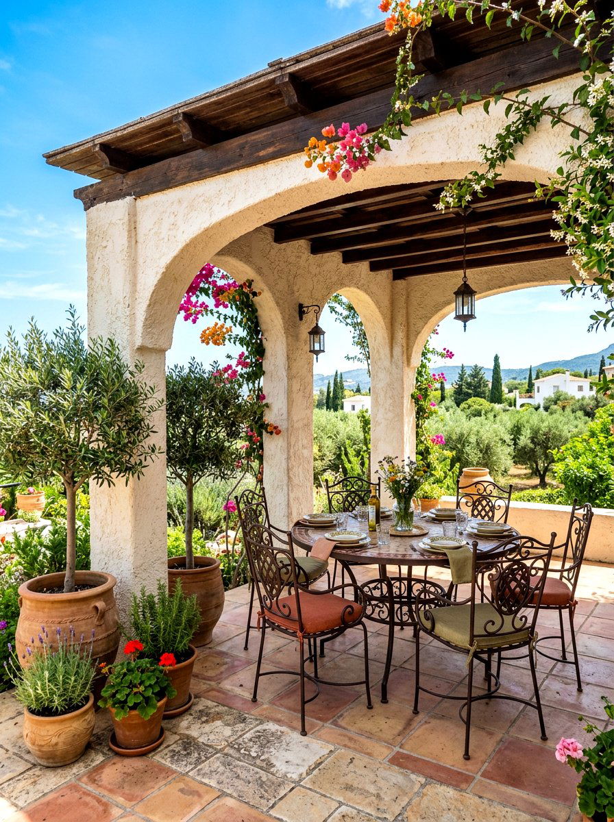 Mediterranean Stucco Pergola - 30 pergola dining backyard ideas