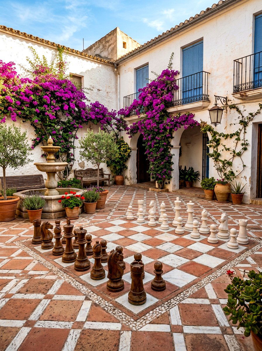 Mediterranean Style Chess Courtyard - 30 outdoor chess garden ideas