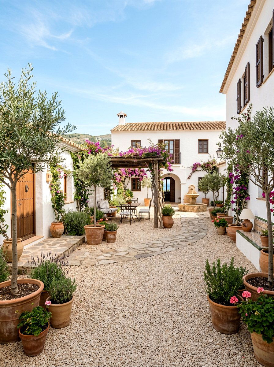Mediterranean Style Courtyard - 30 pea gravel patio ideas