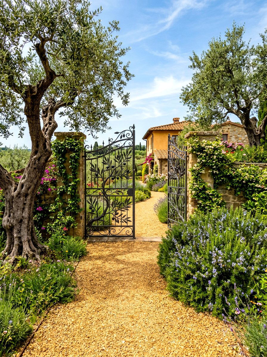Mediterranean Style Gate And Olive Trees - 30 driveway gate landscaping ideas