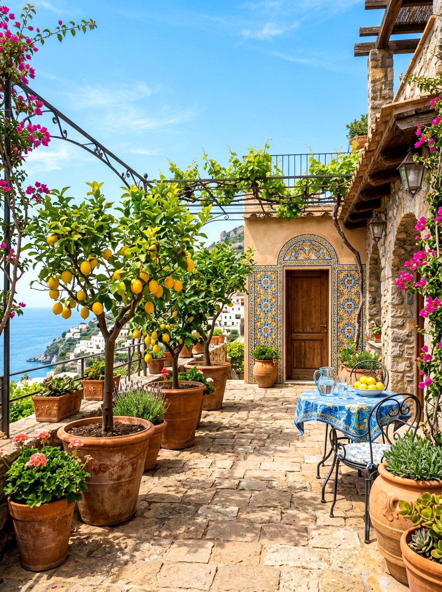 Mediterranean Style Patio With Lemon Trees - 30 potted citrus patio ideas