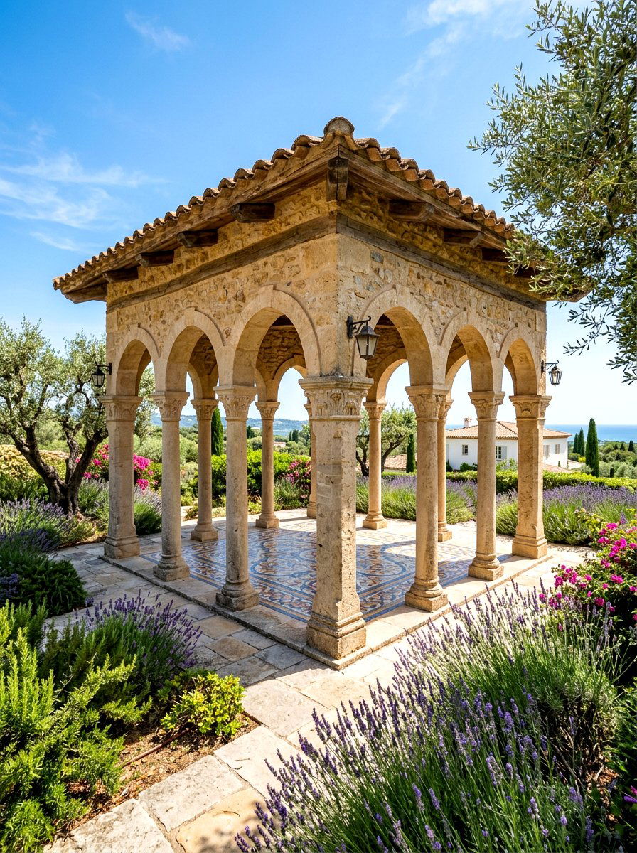 Mediterranean Style Stone Pavilion - 30 backyard pavilion ideas