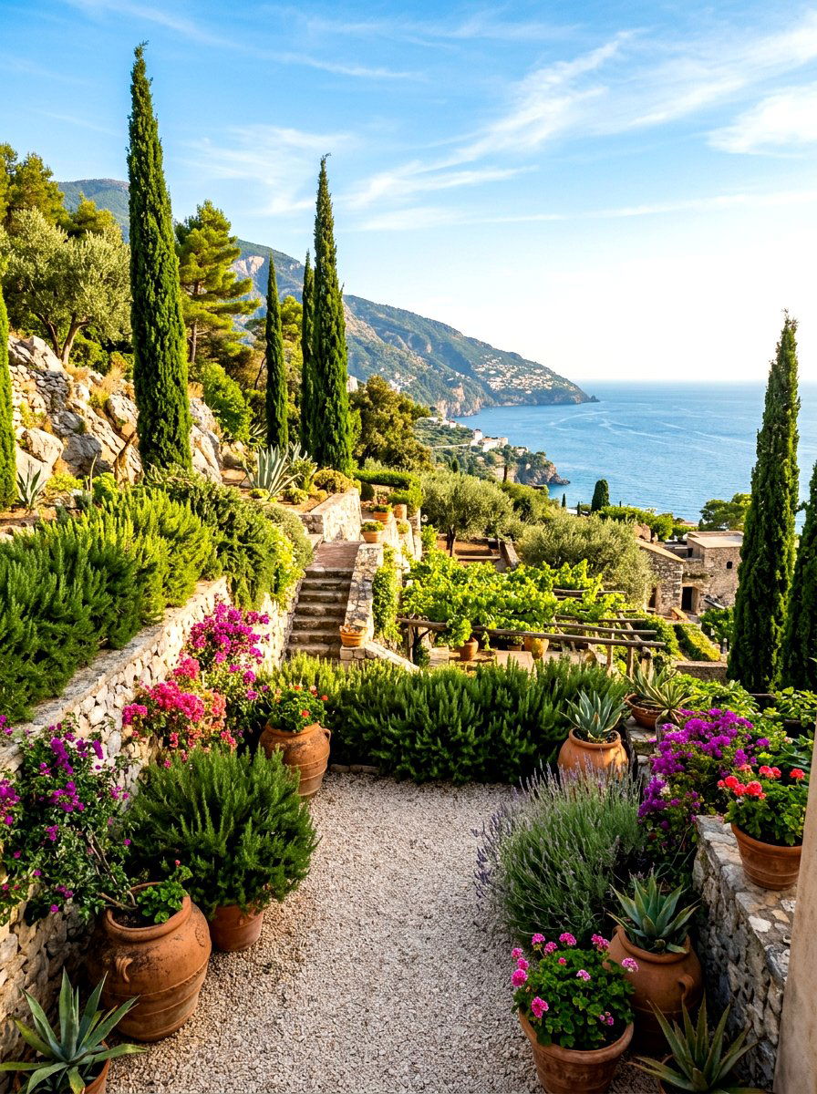 Mediterranean Style Terrace Layering - 30 layered hedge front yard ideas