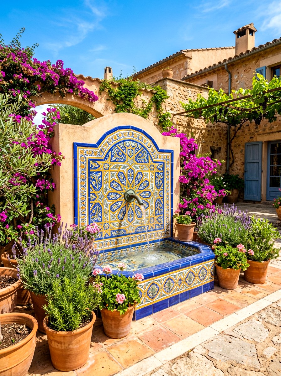 Mediterranean Tile Fountain - 30 outdoor courtyard fountain ideas