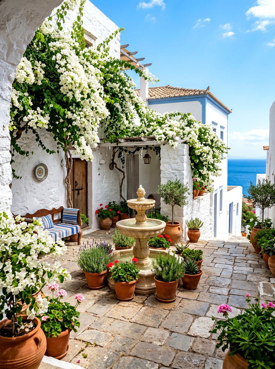 Mediterranean White Courtyard - 30 white flower garden ideas