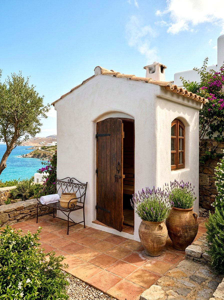 Mediterranean White Stucco Sauna - 30 sauna patio retreat ideas
