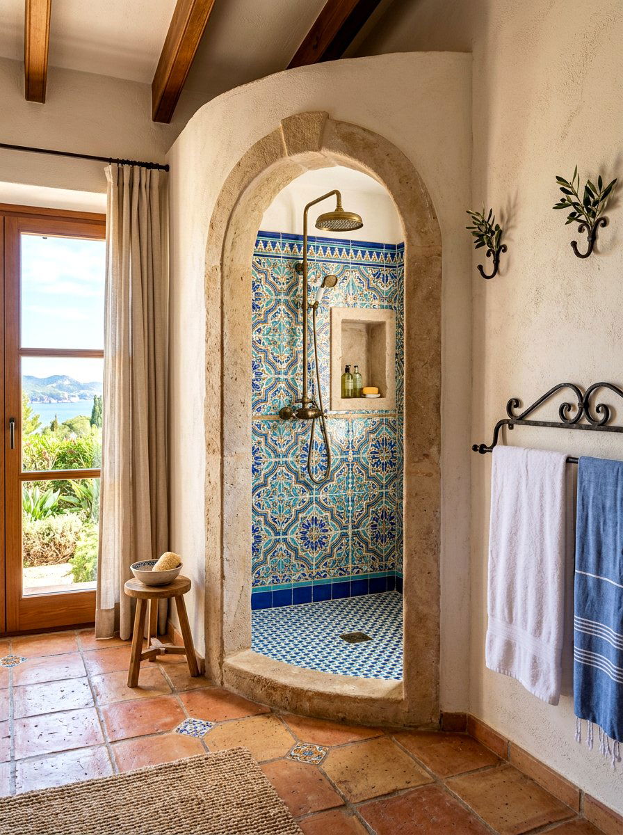 Mediterranean arched shower entry - 30 spa shower bathroom ideas