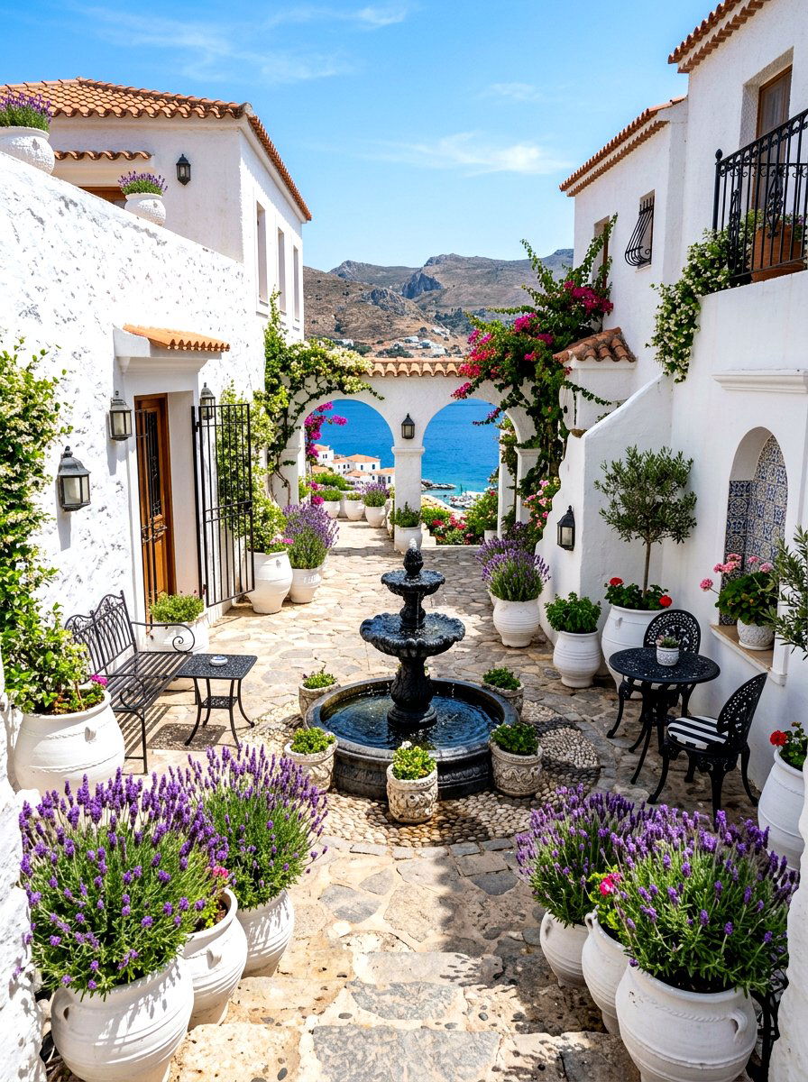 Mediterranean black and white courtyard - 30 black and white patio ideas