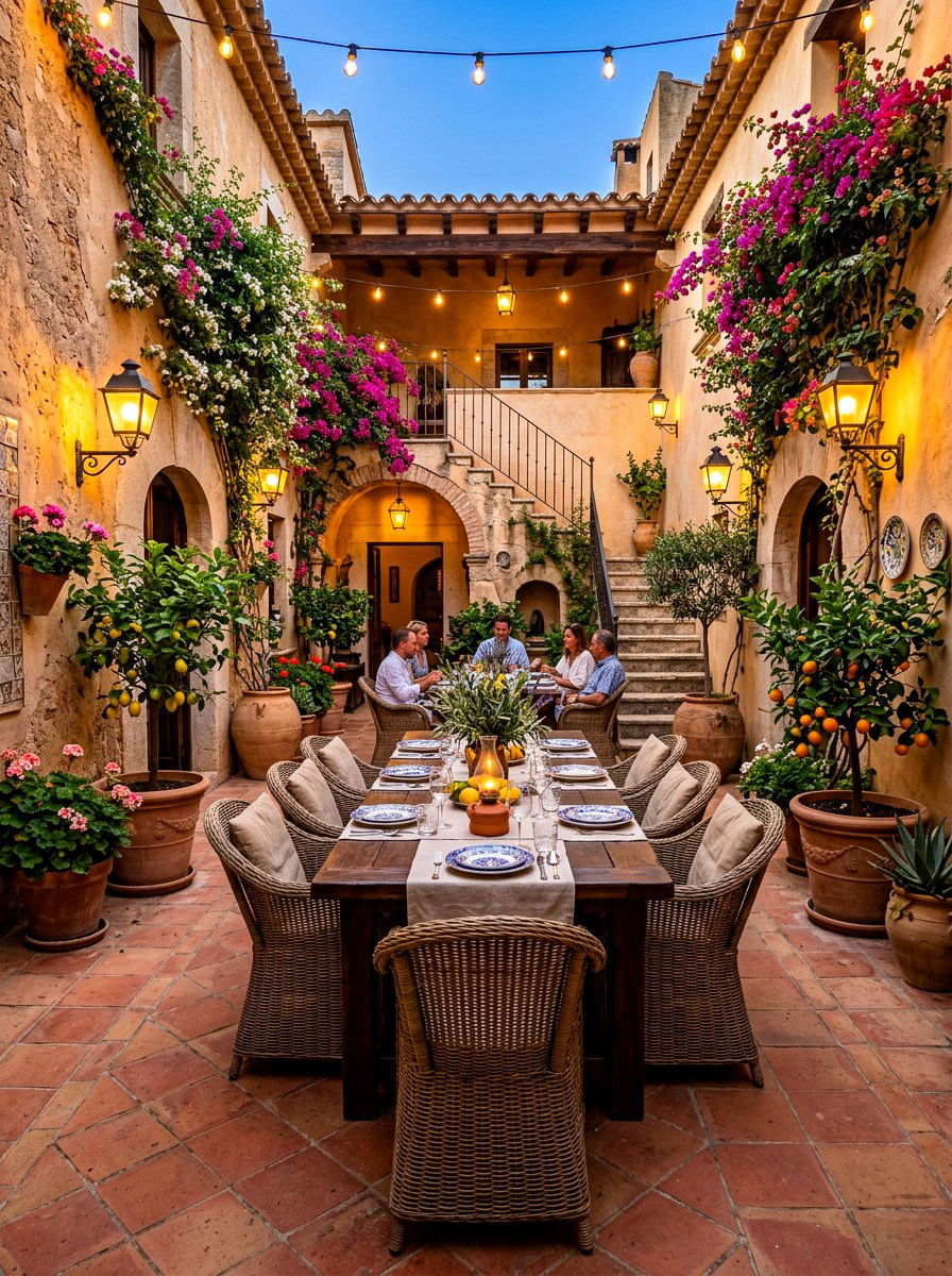 Mediterranean courtyard dining space - 30 starlit patio hosting ideas