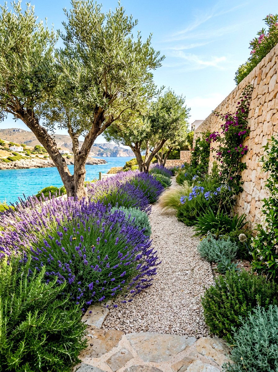 Mediterranean gravel garden border - 30 border planting ideas along fence