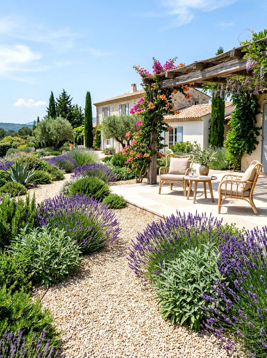 Mediterranean gravel herb garden - 30 herb patio border ideas