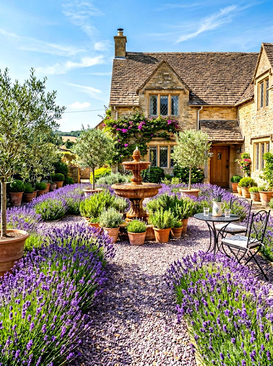Mediterranean lavender gravel courtyard - 30 gravel border garden ideas