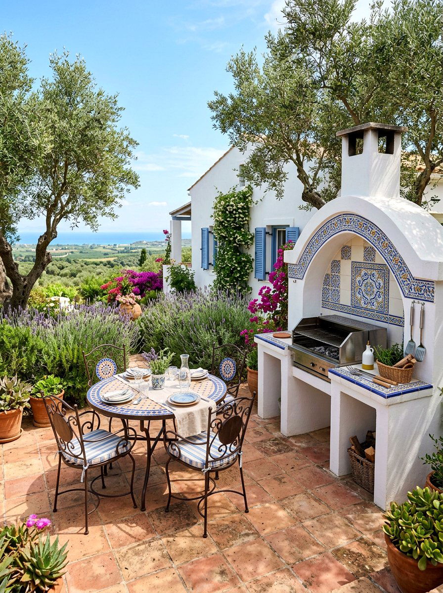 Mediterranean patio with grill - 30 family BBQ patio ideas