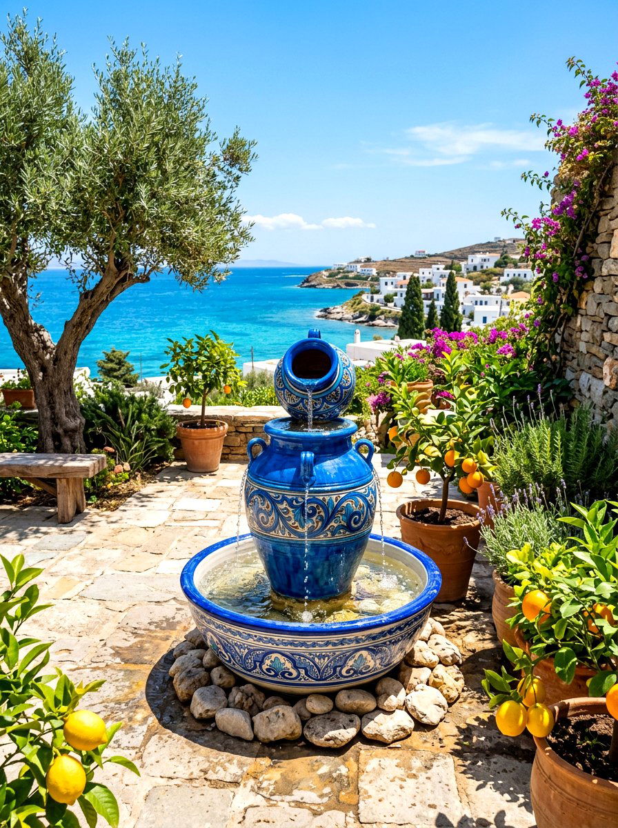 Mediterranean pottery fountain - 30 courtyard fountain ideas