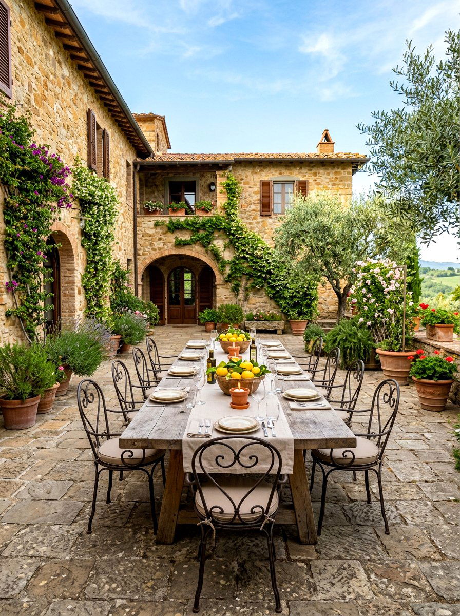 Mediterranean stone courtyard design - 30 candlelit patio dinner ideas