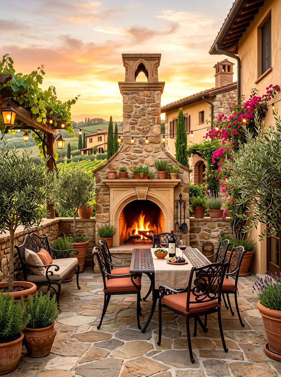 Mediterranean stone fireplace patio - 30 patio fireplace lounge ideas