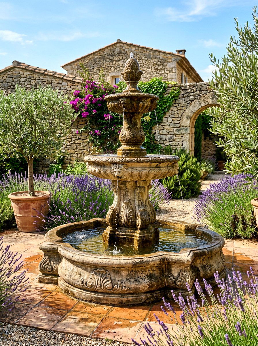 Mediterranean stone fountain - 30 courtyard fountain garden ideas