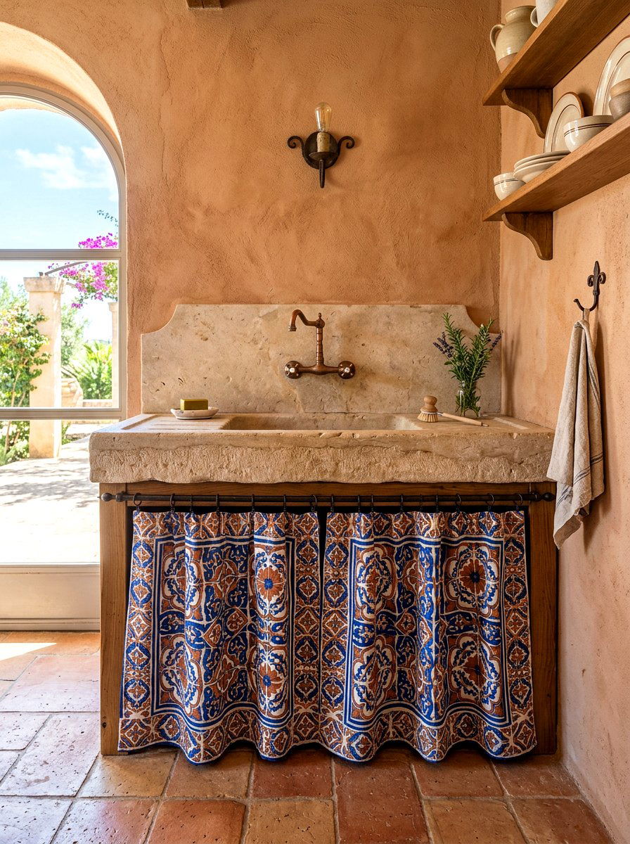 Mediterranean style sink skirt - 30 skirted sink ideas