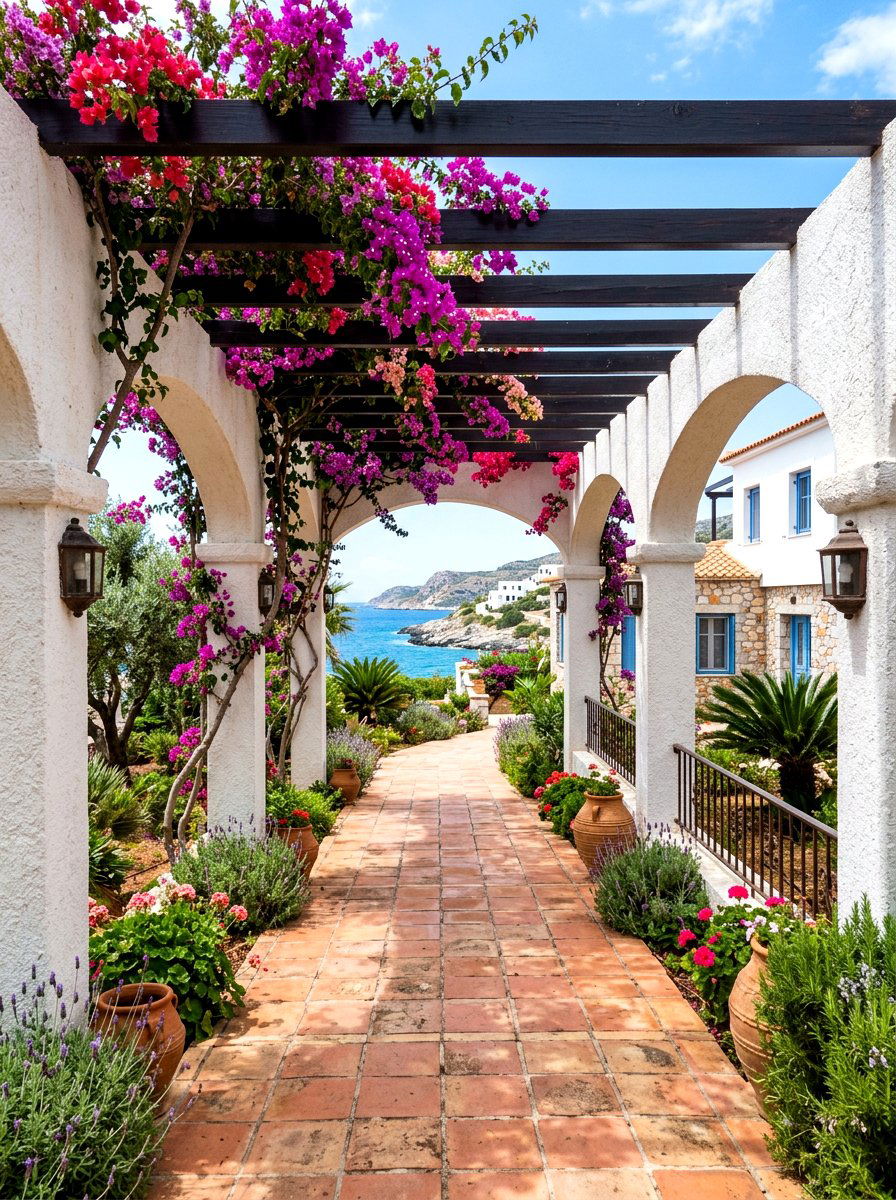 Mediterranean style stucco pergola path - 30 pergola walkway ideas