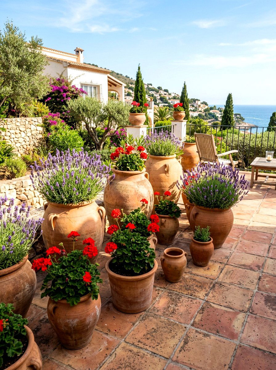 Mediterranean terracotta deck jars - 30 deck planter ideas