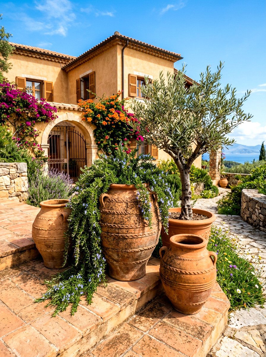 Mediterranean terracotta jars - 30 porch step planter ideas